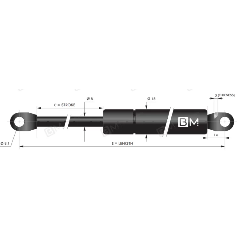 Gasfjeder 180mm 8/18mm faste øjer